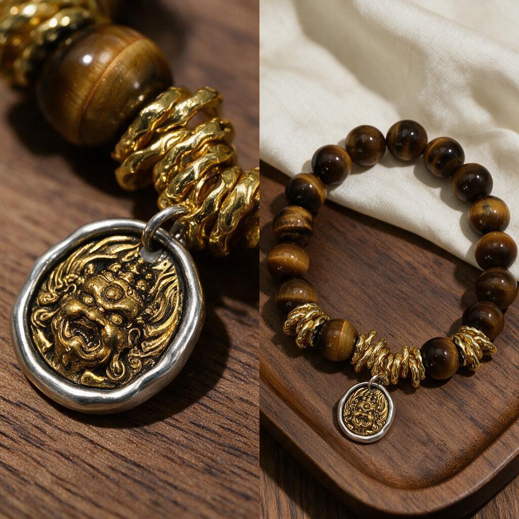 Natural Tiger Eye Stone Guardian Spirit Pendant Elastic Bracelet