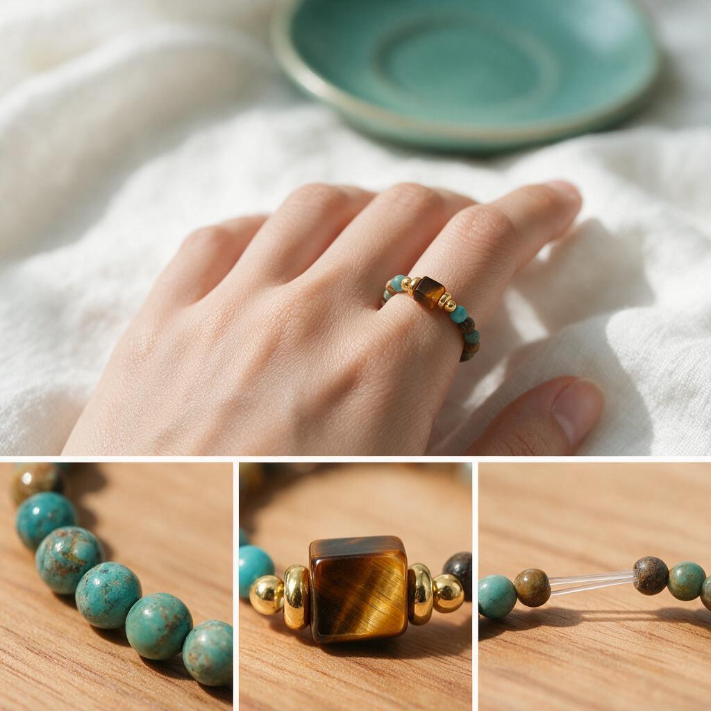 Tiger-eye stone mica flexi-bead ring