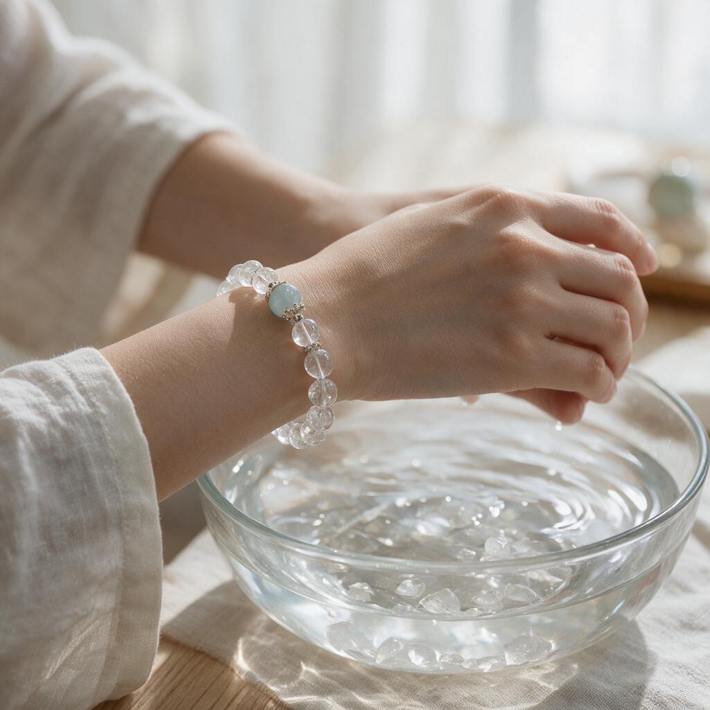Natural white crystal paired with aquamarine elastic beaded bracelet