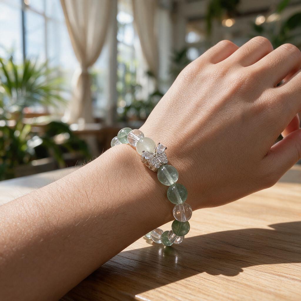 Natural green fluorite and white crystal butterfly energy elastic bracelet