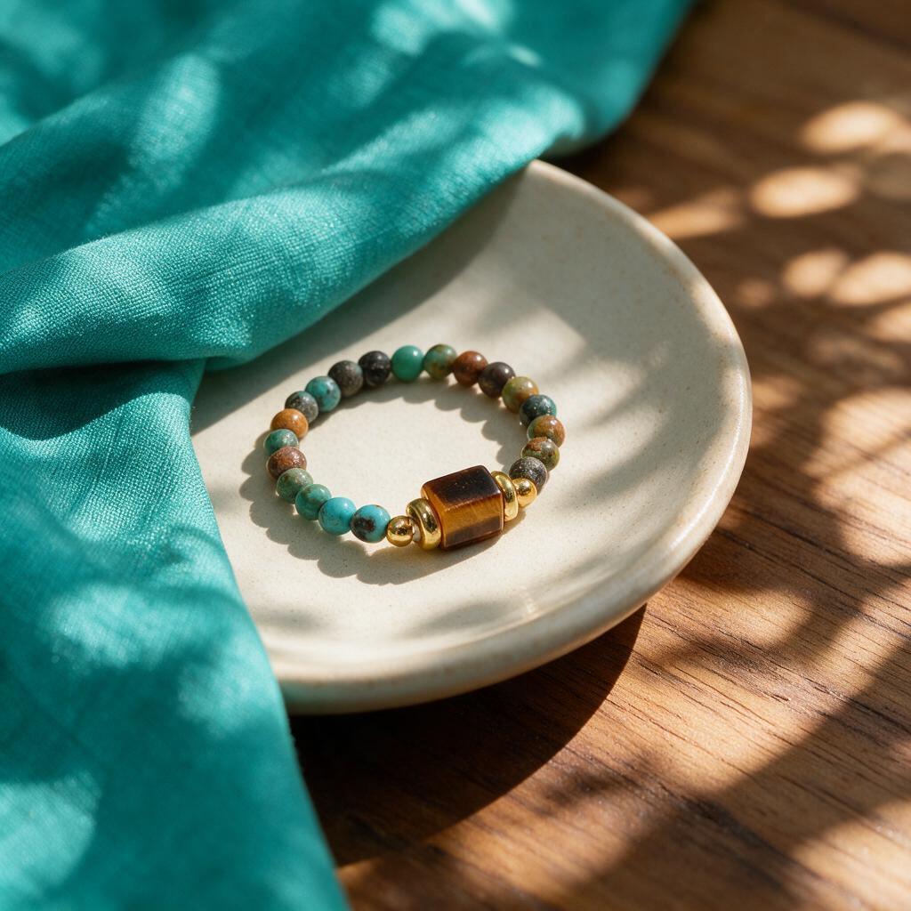 Tiger-eye stone mica flexi-bead ring