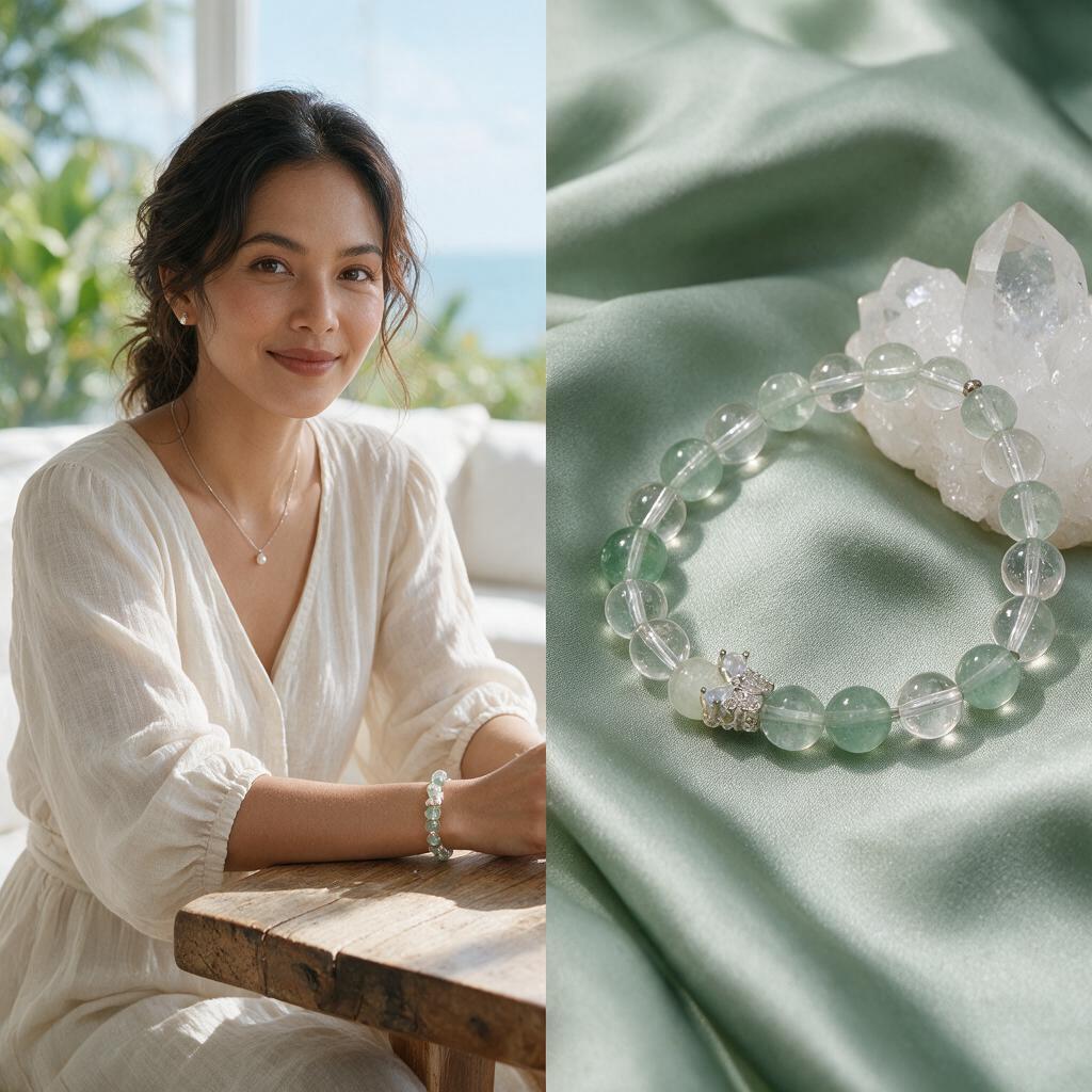 Natural green fluorite and white crystal butterfly energy elastic bracelet