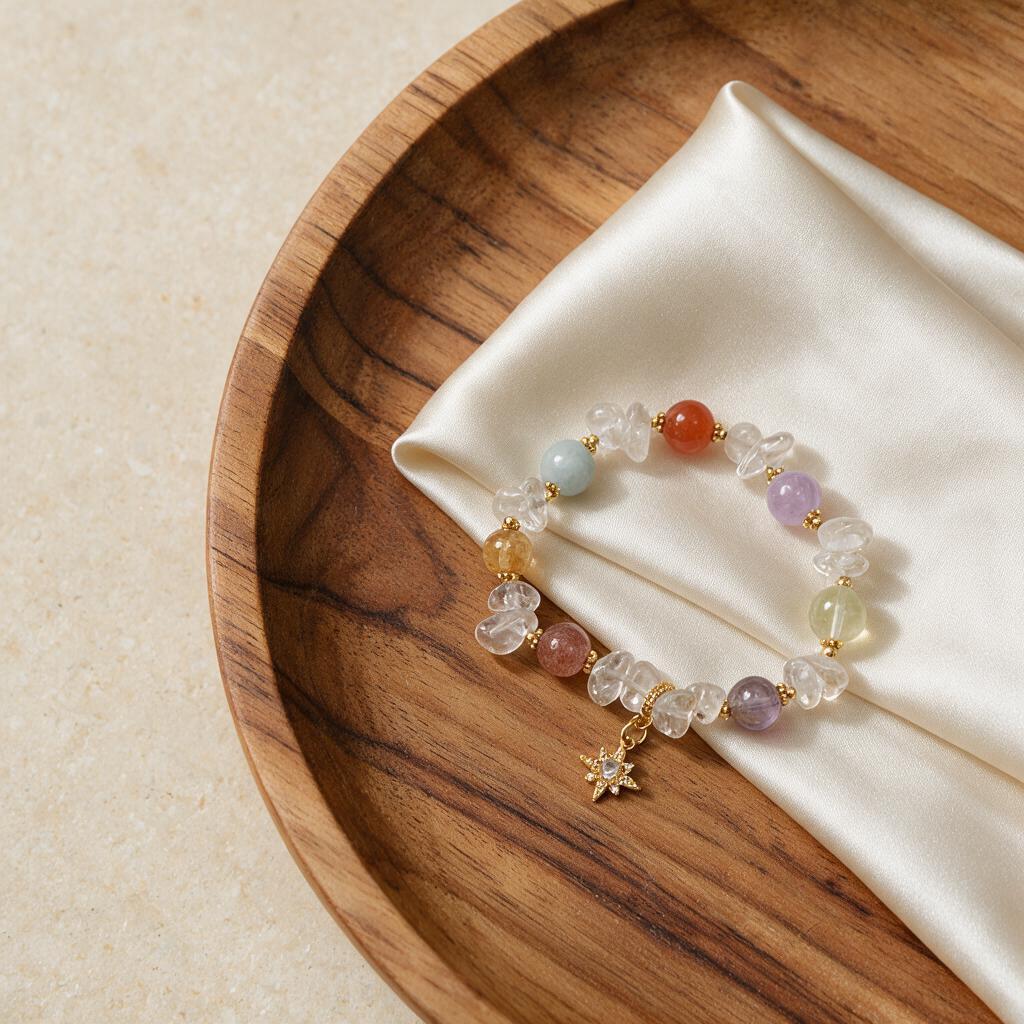 Natural crystal pebble multi-color bead bracelet with North Star pendant