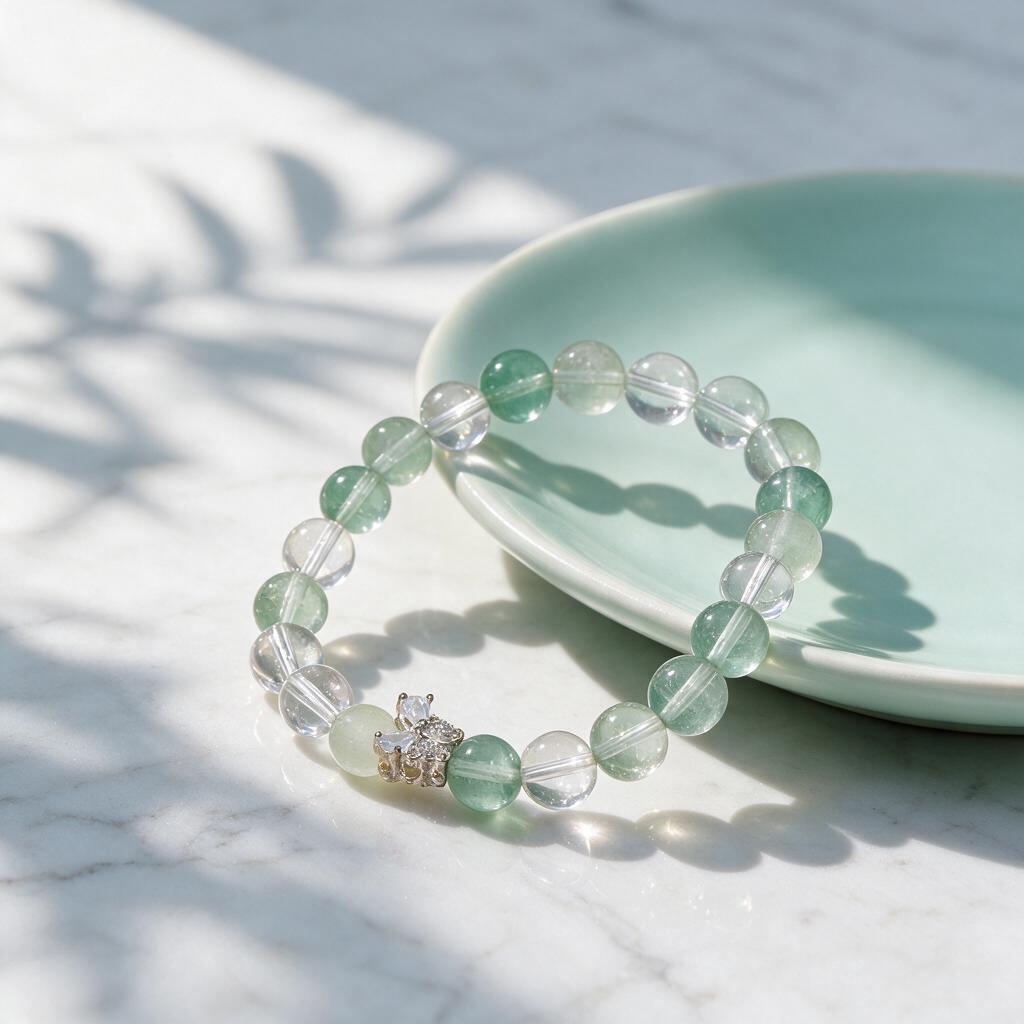 Natural green fluorite and white crystal butterfly energy elastic bracelet