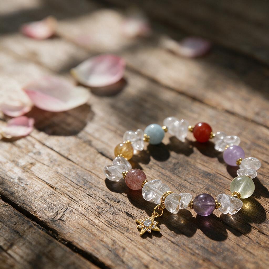 Natural crystal pebble multi-color bead bracelet with North Star pendant