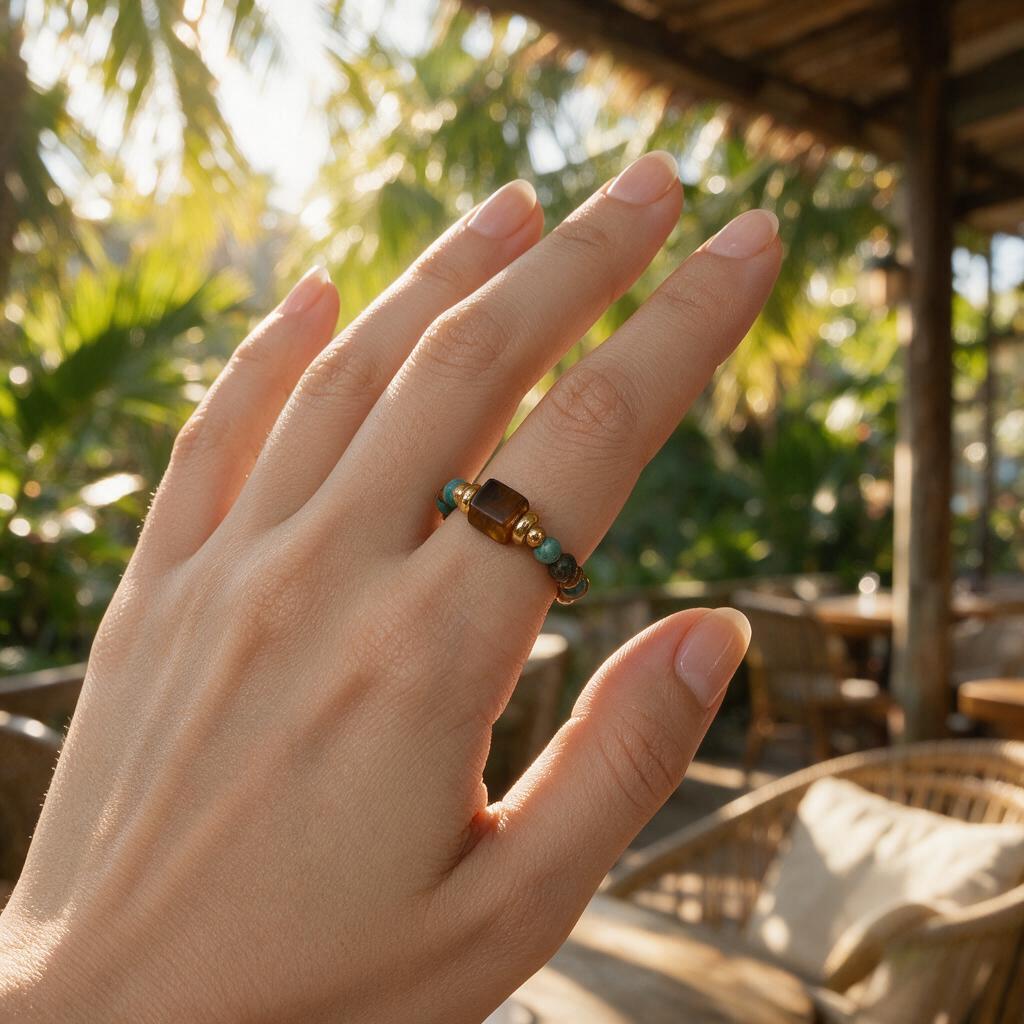 Tiger-eye stone mica flexi-bead ring