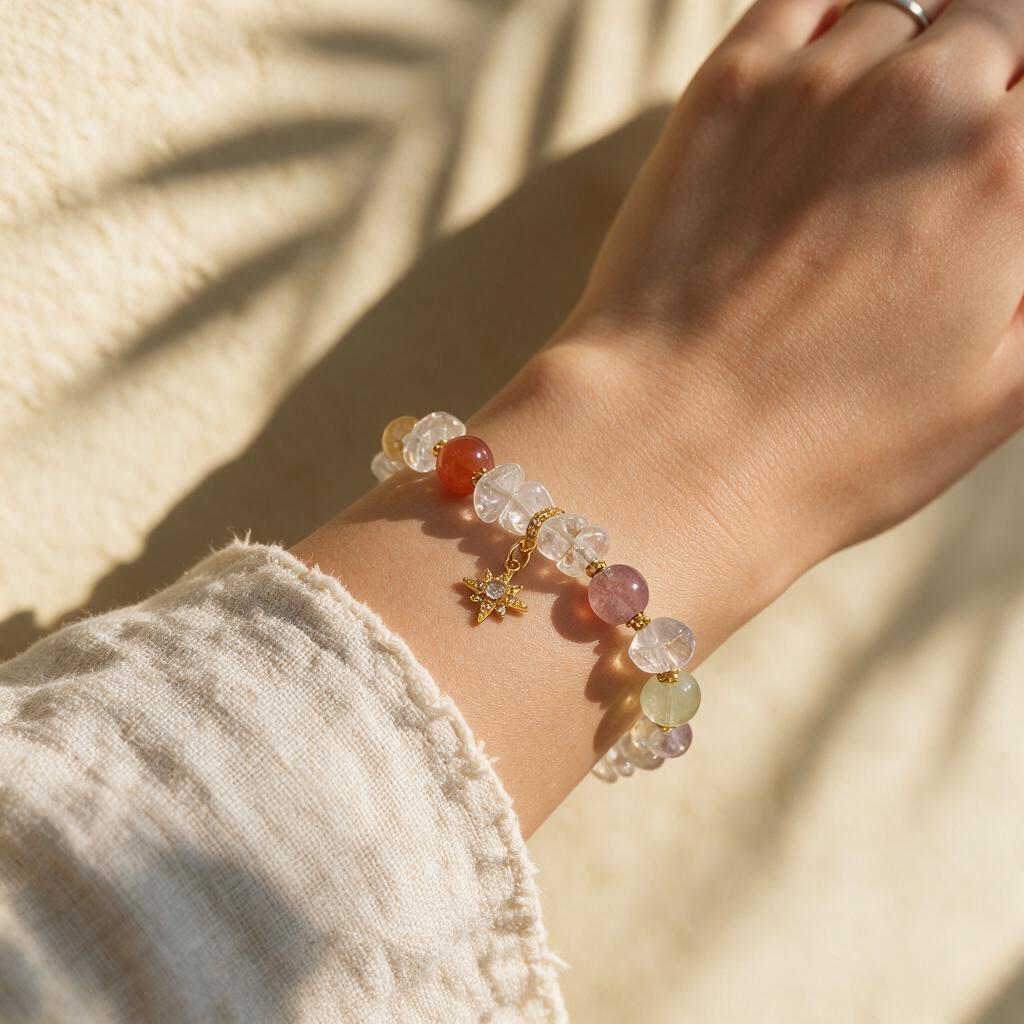 Natural crystal pebble multi-color bead bracelet with North Star pendant