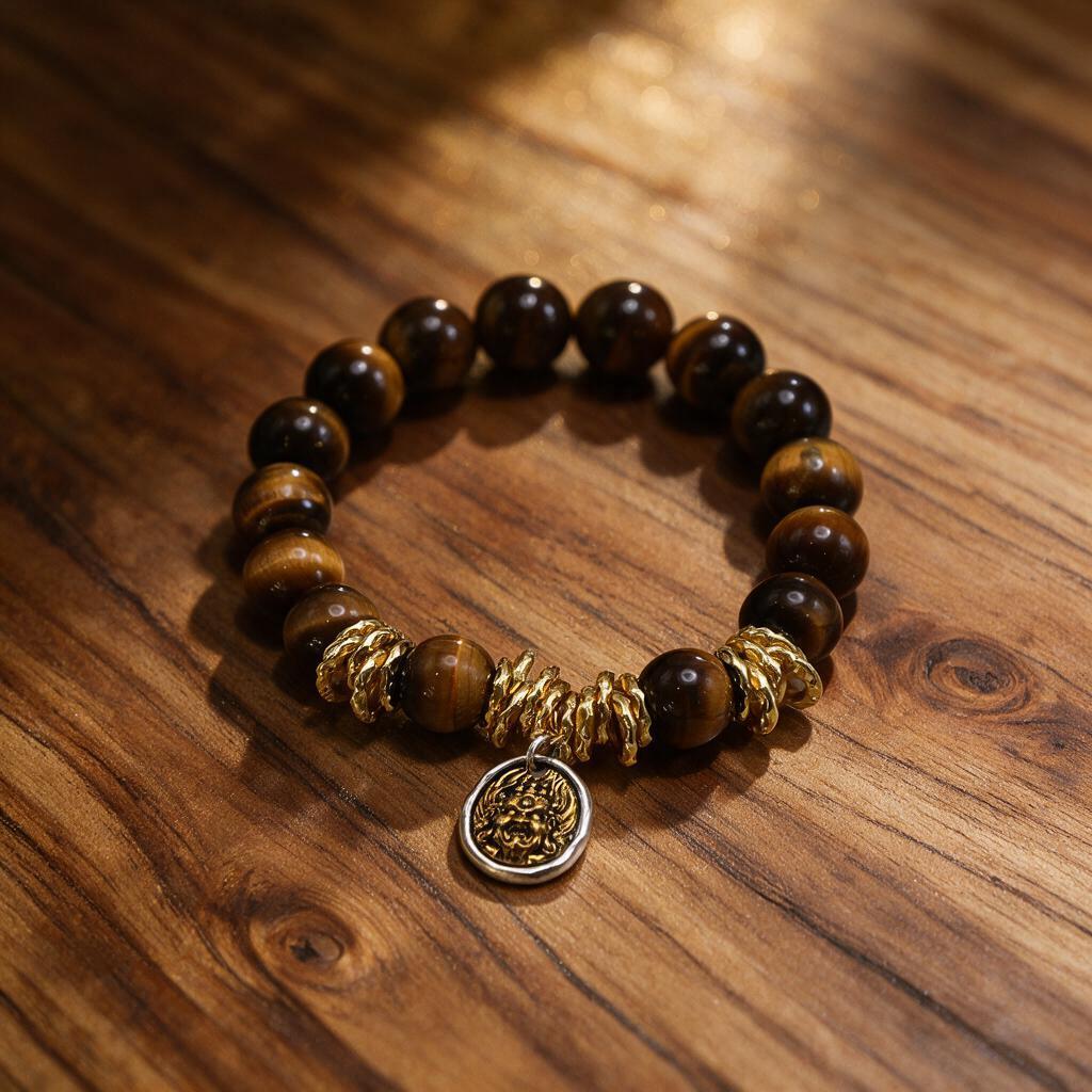 Natural Tiger Eye Stone Guardian Spirit Pendant Elastic Bracelet