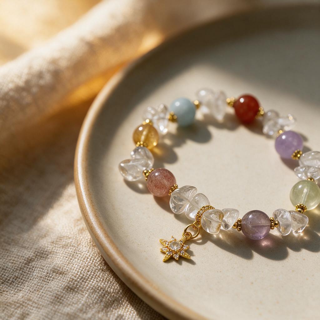 Natural crystal pebble multi-color bead bracelet with North Star pendant