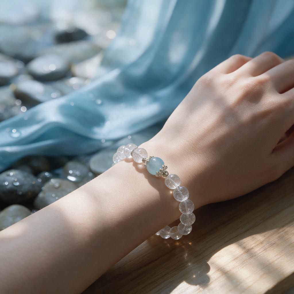 Natural white crystal paired with aquamarine elastic beaded bracelet