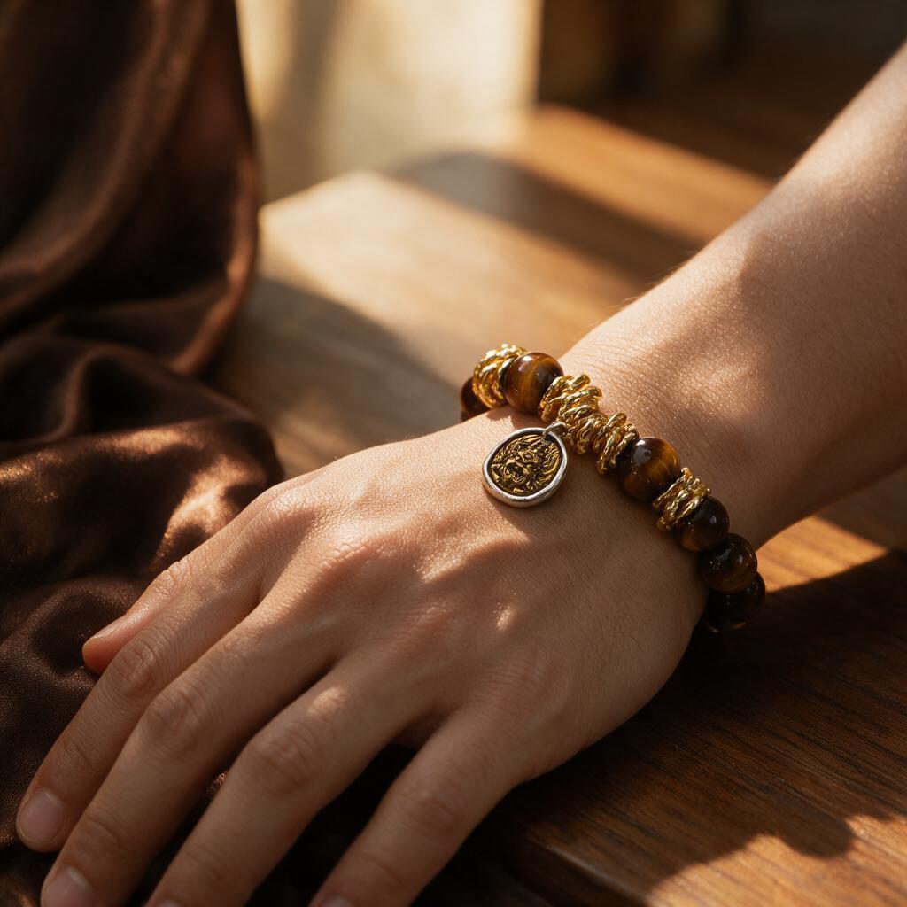 Natural Tiger Eye Stone Guardian Spirit Pendant Elastic Bracelet