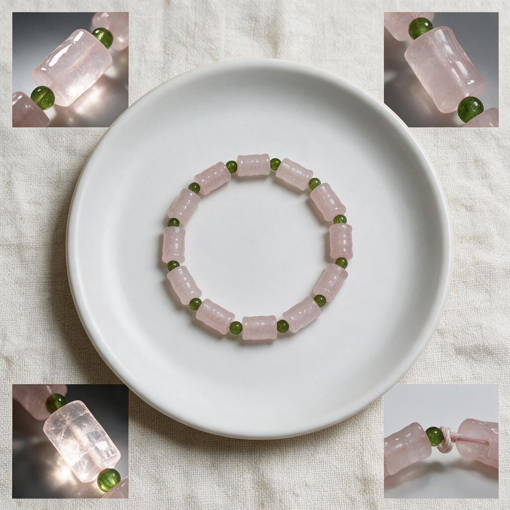 Natural crystal bamboo-shaped bracelet with green spacer beads