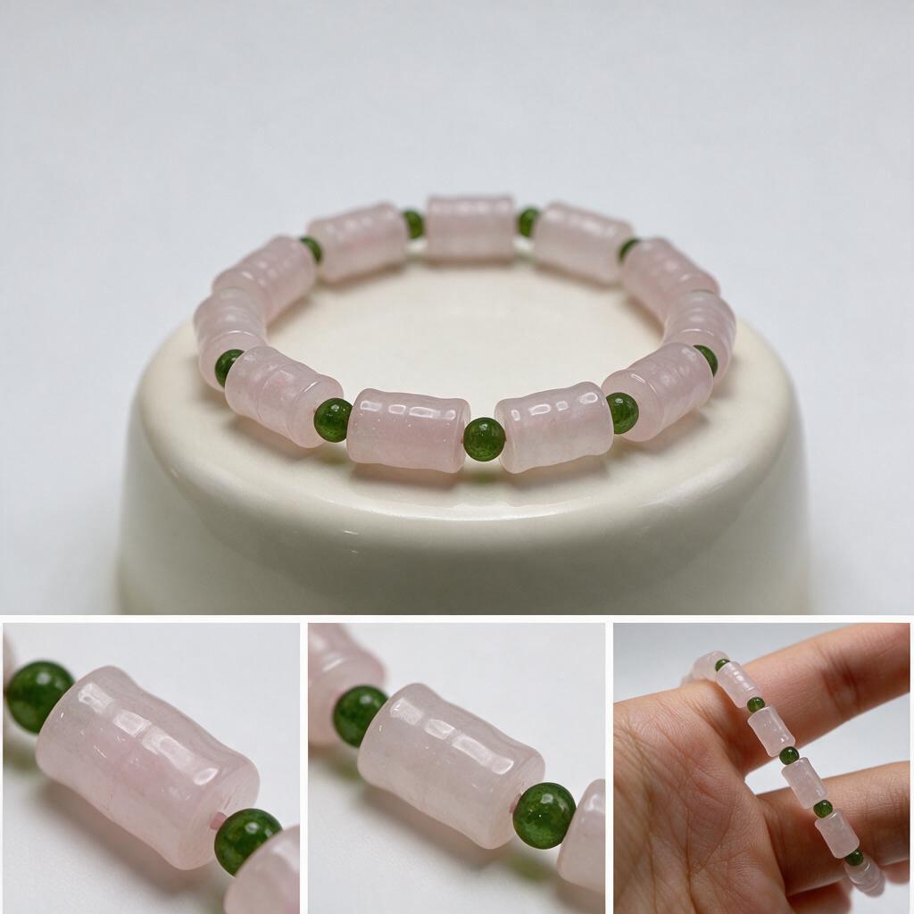 Natural crystal bamboo-shaped bracelet with green spacer beads