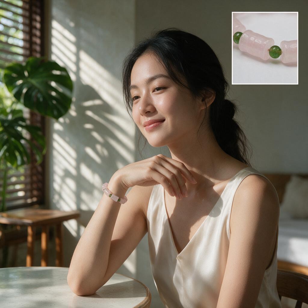 Natural crystal bamboo-shaped bracelet with green spacer beads
