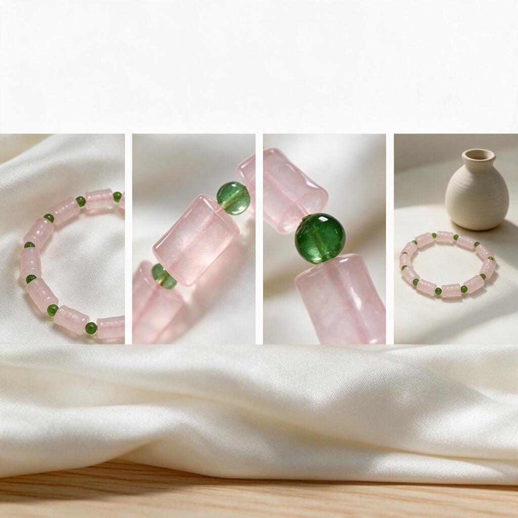 Natural crystal bamboo-shaped bracelet with green spacer beads