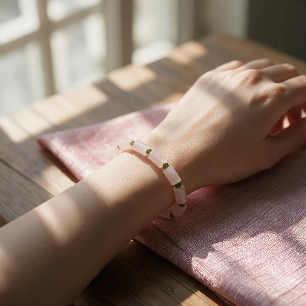 Natural crystal bamboo-shaped bracelet with green spacer beads